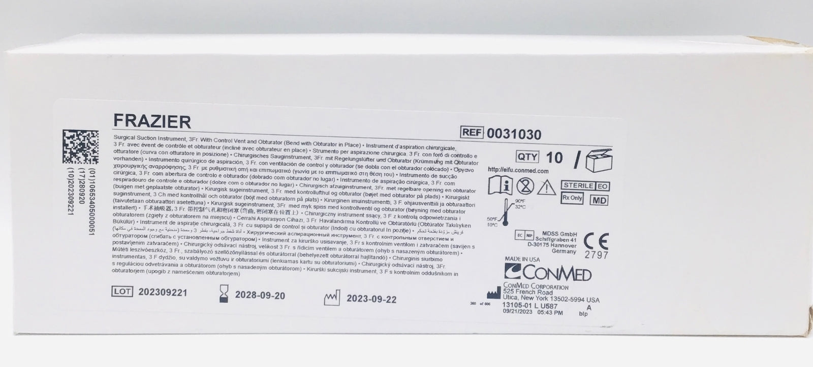 Conmed 0031030 Frazier Suction 3Fr - Box of 10 - NEW
