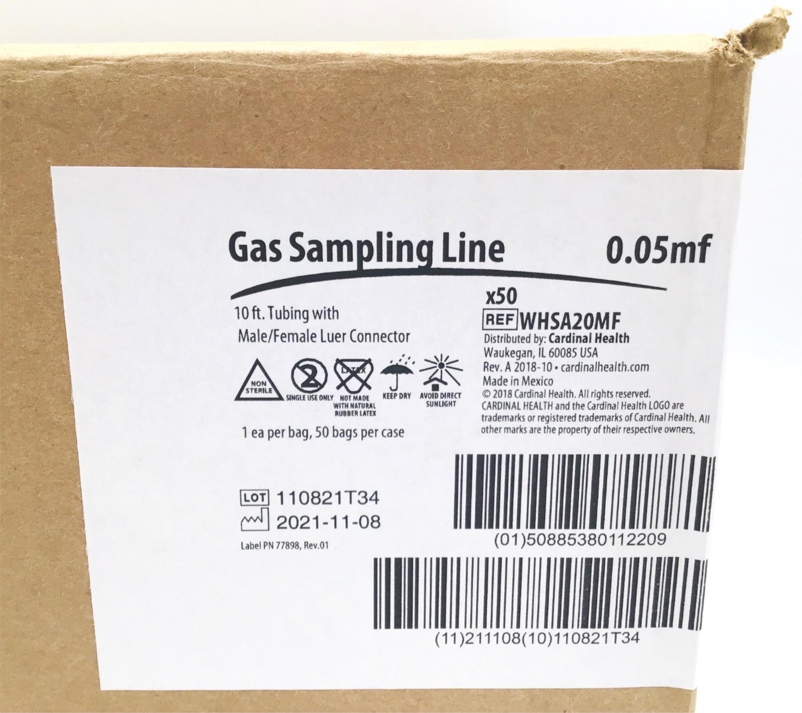 Cardinal Health WHSA20MF Gas Sampling Line - Box of 50 - NEW